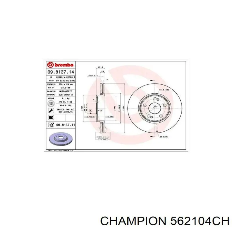 Гальмівні диски передні 562104CH Champion