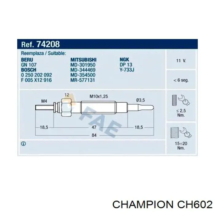 Свічка накалу CH602 Champion