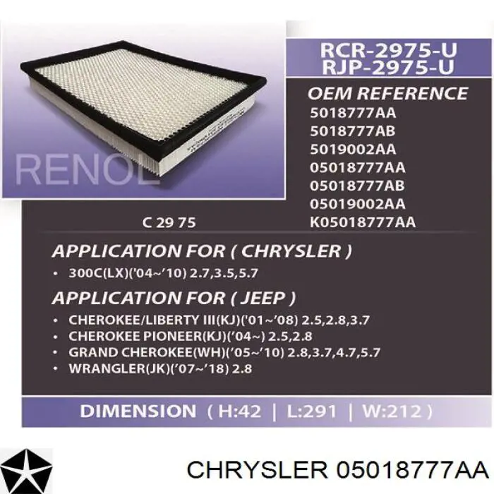 Повітряний фільтр 05018777AA Chrysler