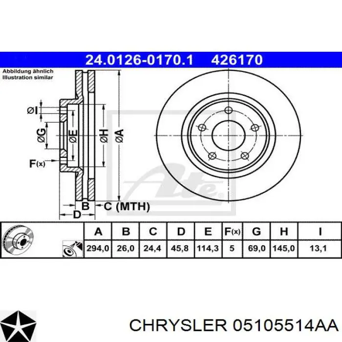 Диск переднього гальма Chrysler 05105514AA ціна, від 46.47 USD