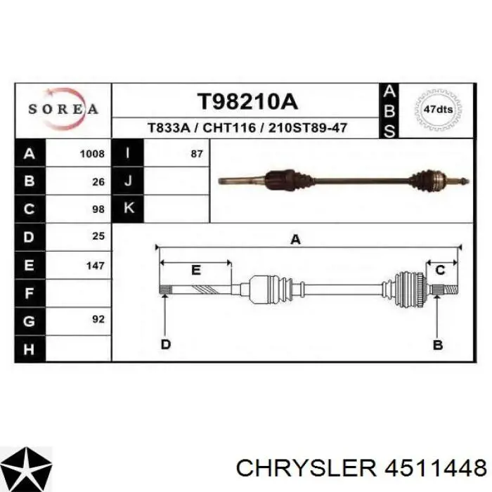 Купити 04511448 Chrysler Піввісь права