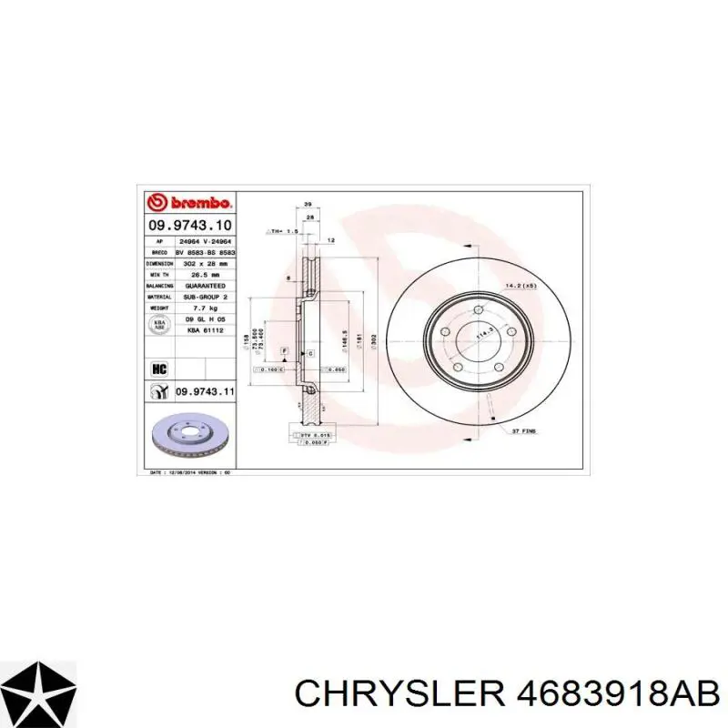 Диск переднього гальма Chrysler 4683918AB ціна, від 47.78 USD