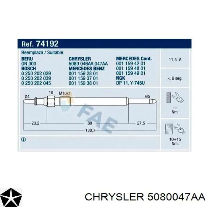 Купити 5080047AA Chrysler Свічка накалу