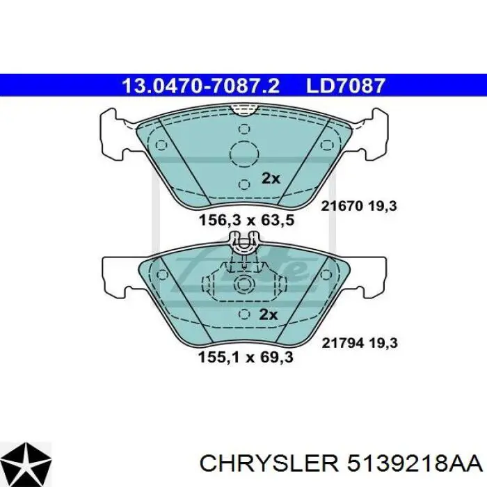 Гальмівні колодки Chrysler 5139218AA ціна, від 20.87 USD