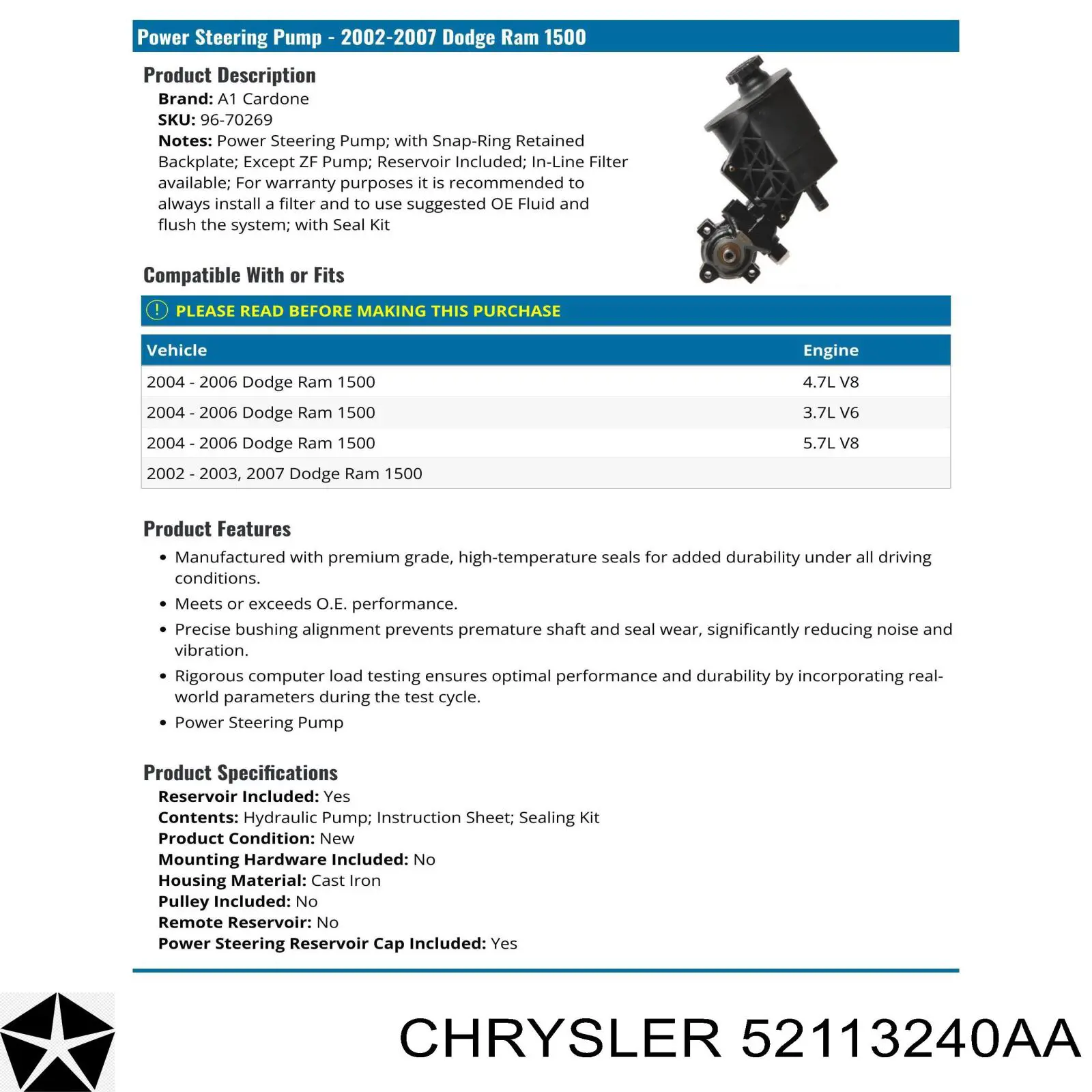 52113240AA Chrysler Насос гідропідсилювача