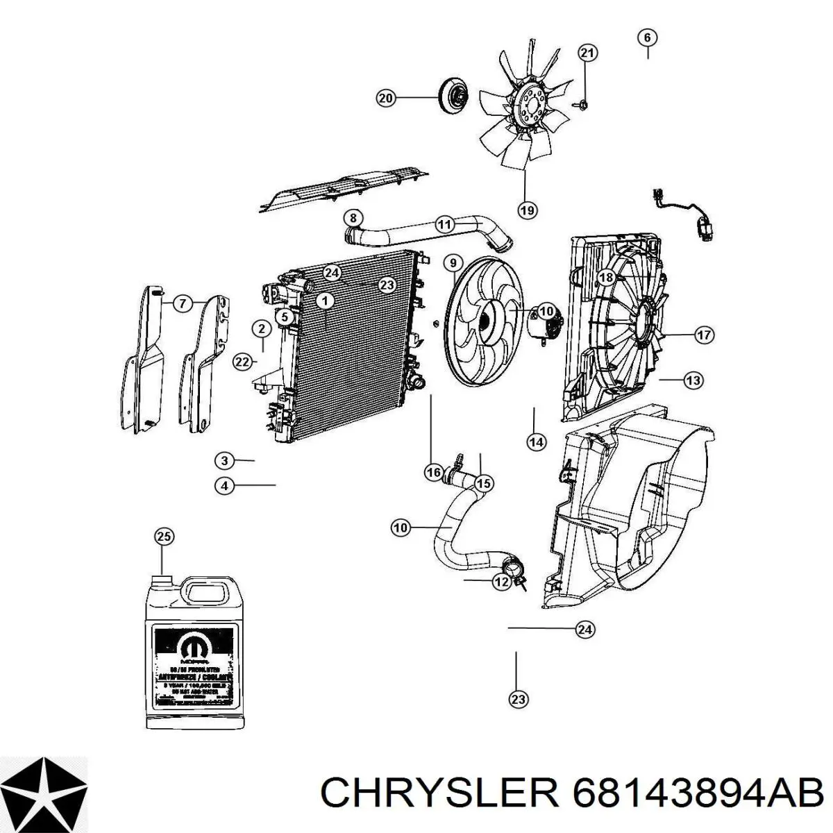 Купити 68143894AA Chrysler Дифузор радіатора охолодження, в зборі з двигуном і крильчаткою