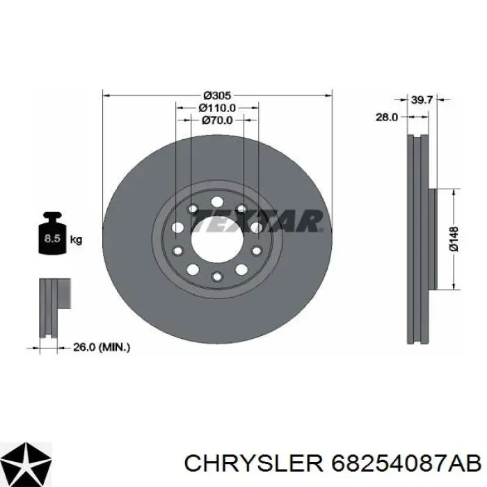 Диск переднього гальма Chrysler 68254087AB ціна, від 31.67 USD