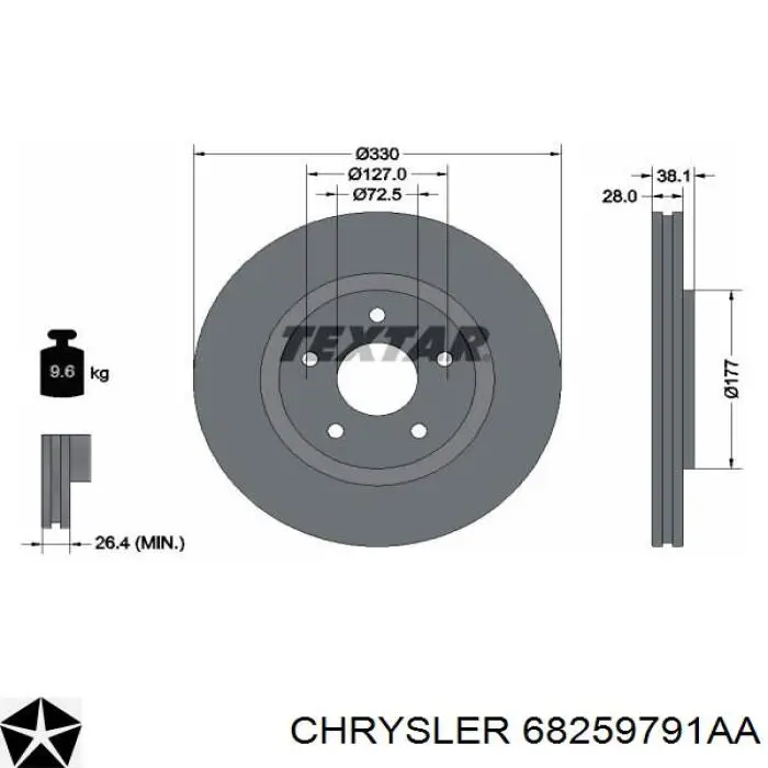 Диск переднього гальма Chrysler 68259791AA ціна, від 31.67 USD