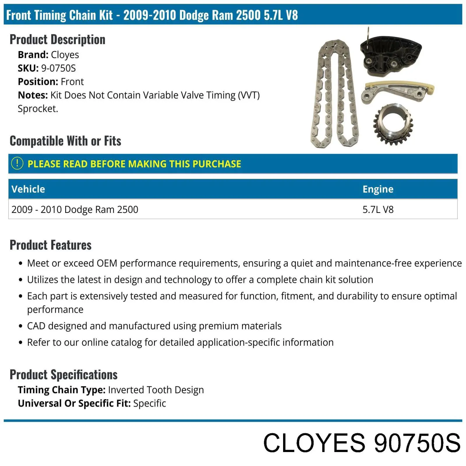 Купити 90750S Cloyes Комплект ланцюга ГРМ