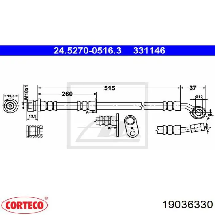 Шланг гальмівний передній, правий Corteco 19036330 ціна, від 16.59 USD