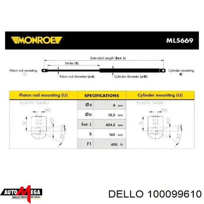 Амортизатор двері задньої Dello/Automega 100099610 ціна, від 7.91 USD