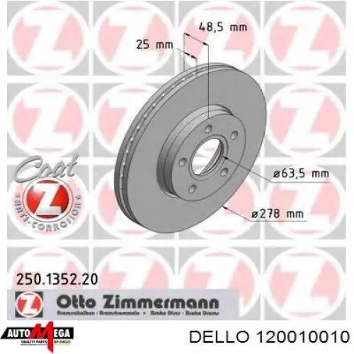Диск переднього гальма Dello/Automega 120010010 ціна, від 32.76 USD