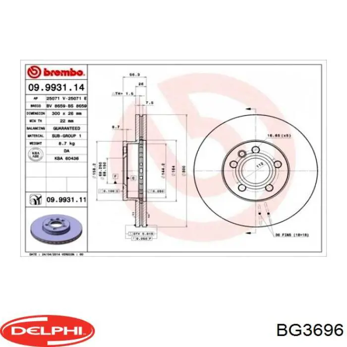 Диск гальмівний передній BG3696 Delphi