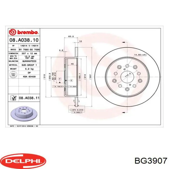 Диск гальмівний задній BG3907 Delphi