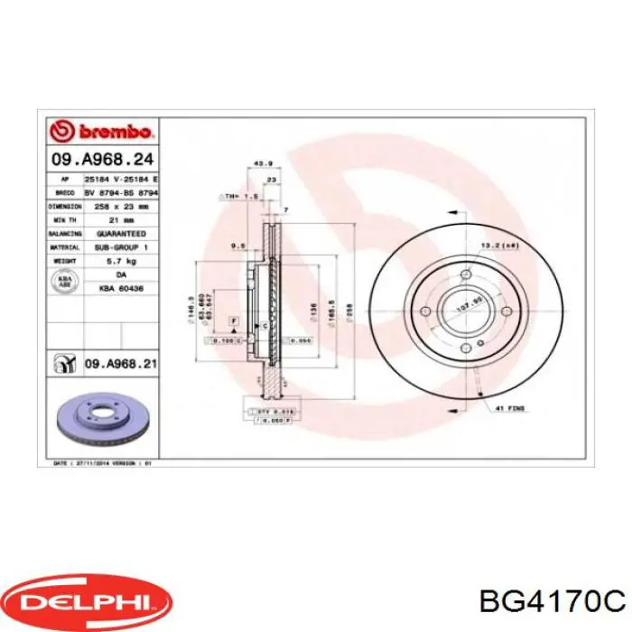 Диск гальмівний передній BG4170C Delphi