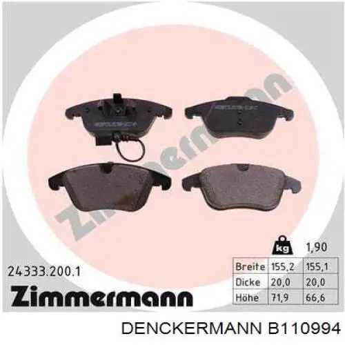 Купити B110994 Denckermann Колодки гальмівні передні, дискові