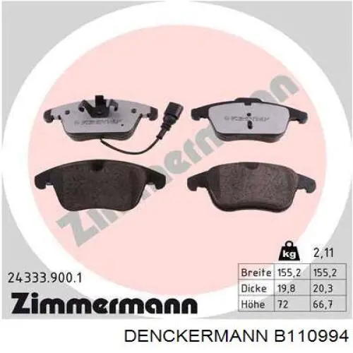 B110994 Denckermann Передні гальмівні колодки