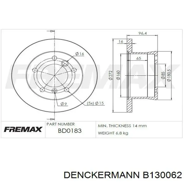 Купити B130062 Denckermann Диск заднього гальма