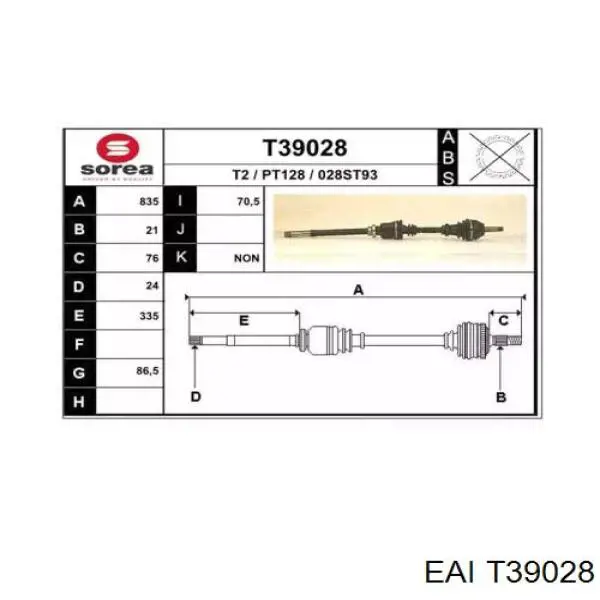 Піввісь передня, права EAI T39028 ціна, від 68.75 USD