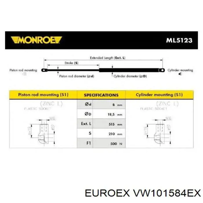 VW101584EX Euroex Амортизатор кришки багажника / двері 3/5-ї задньої