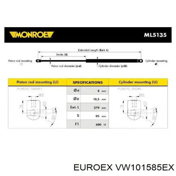 VW101585EX Euroex Амортизатор кришки багажника / двері 3/5-ї задньої