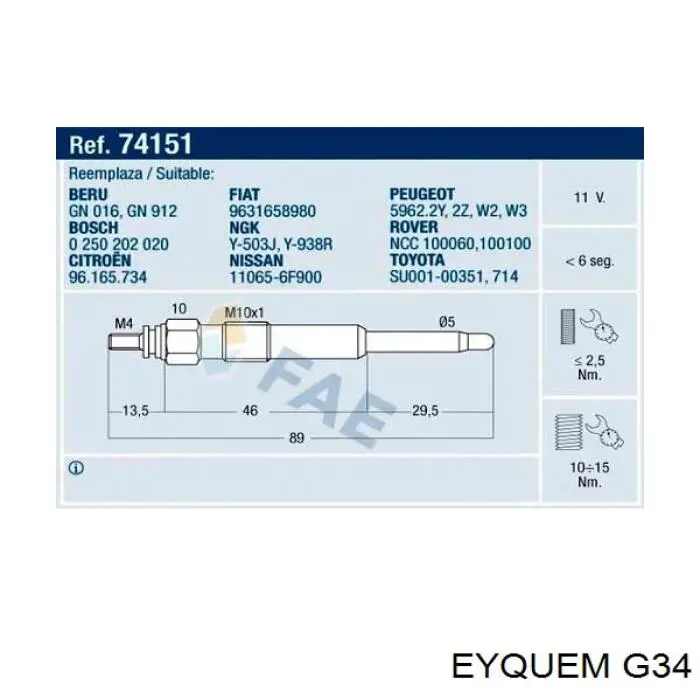 Свіча накалу Eyquem G34 ціна, від 6.56 USD