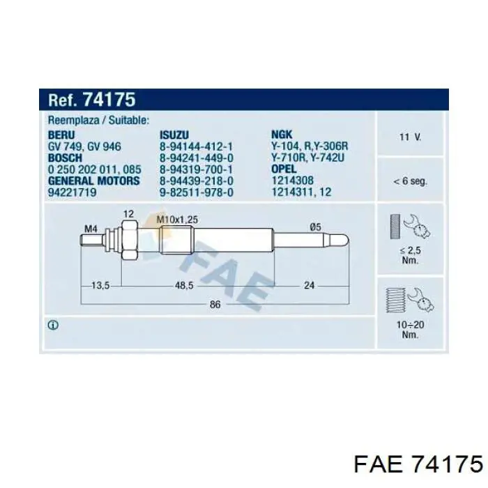 Свічка накалу 74175 FAE