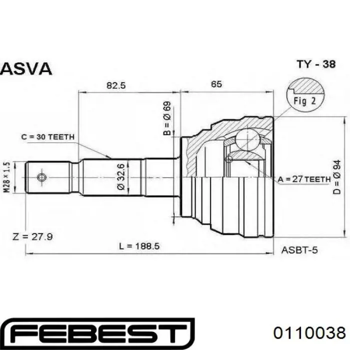 Купити 0110038 Febest Шарнір приводу зовнішній