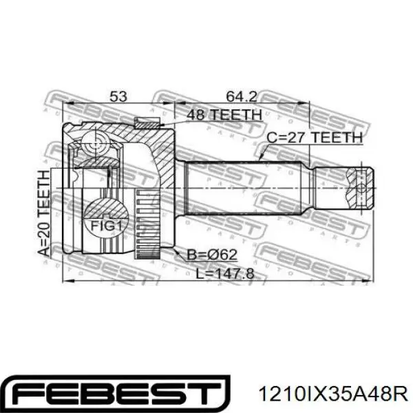 Купити 1210IX35A48R Febest Шарнір різних кутових швидкостей задній