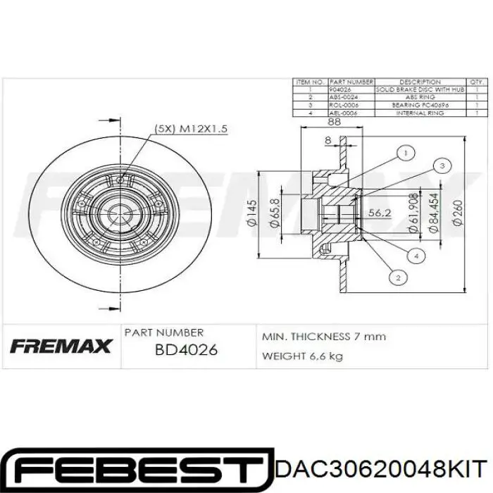 Підшипник задньої ступиці DAC30620048KIT Febest