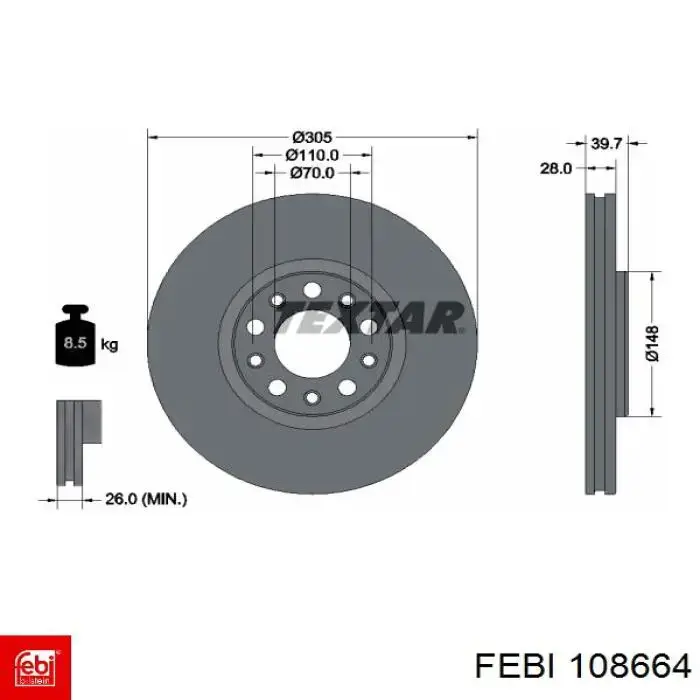 Диск гальмівний передній 108664 Febi