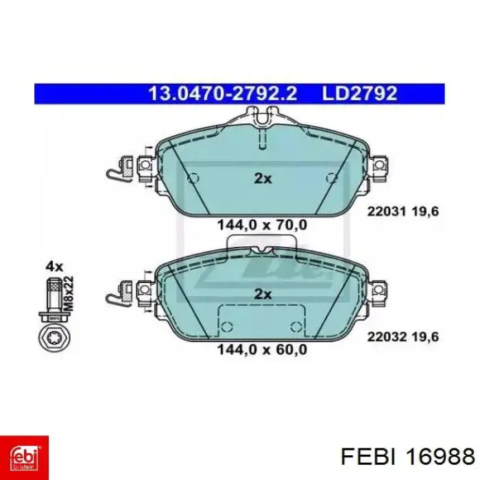 Передні тормозні колодки 16988 Febi