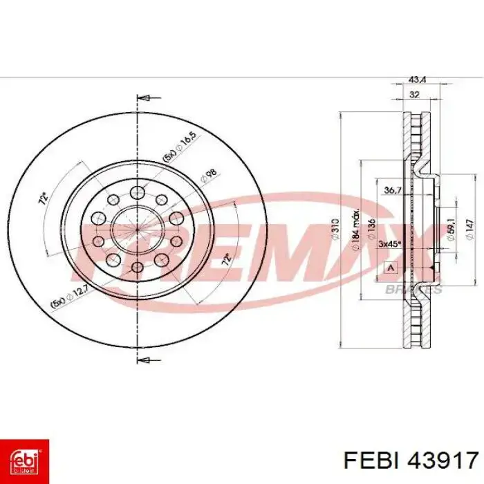 Диск гальмівний передній 43917 Febi