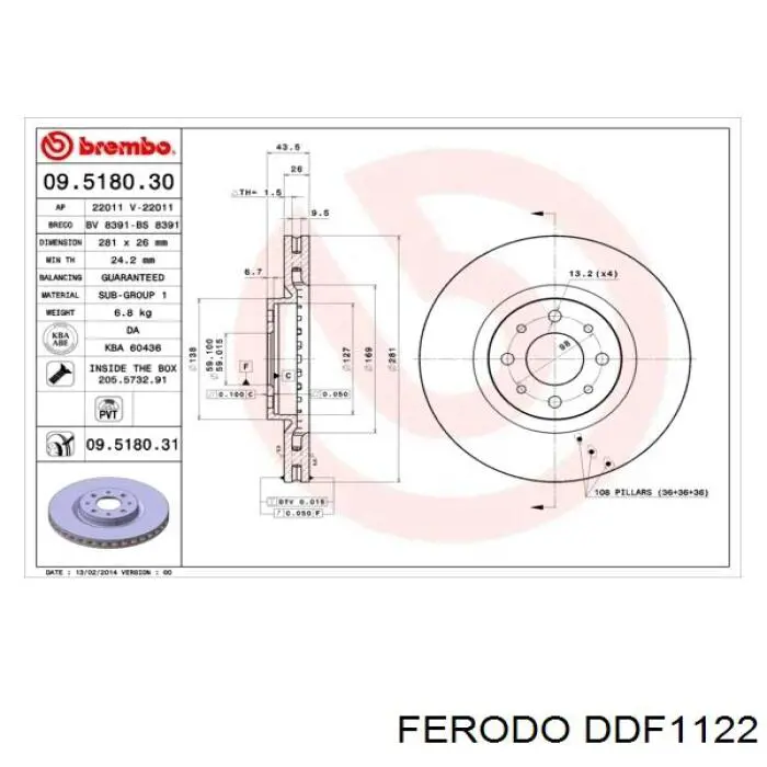 Диск переднього гальма Ferodo DDF1122 ціна, від 48.74 USD