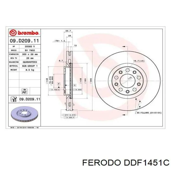 Диск переднього гальма Ferodo DDF1451C ціна, від 59.28 USD