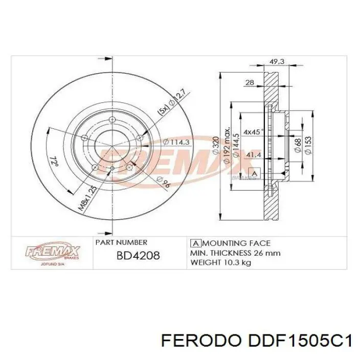 Диск гальмівний передній Ferodo DDF1505C1