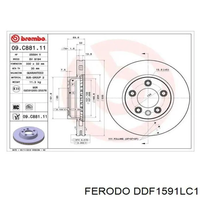 Диск гальмівний передній Ferodo DDF1591LC1