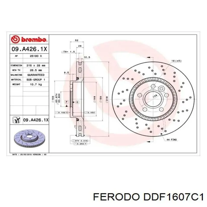 Диск гальмівний передній DDF1607C1 Ferodo