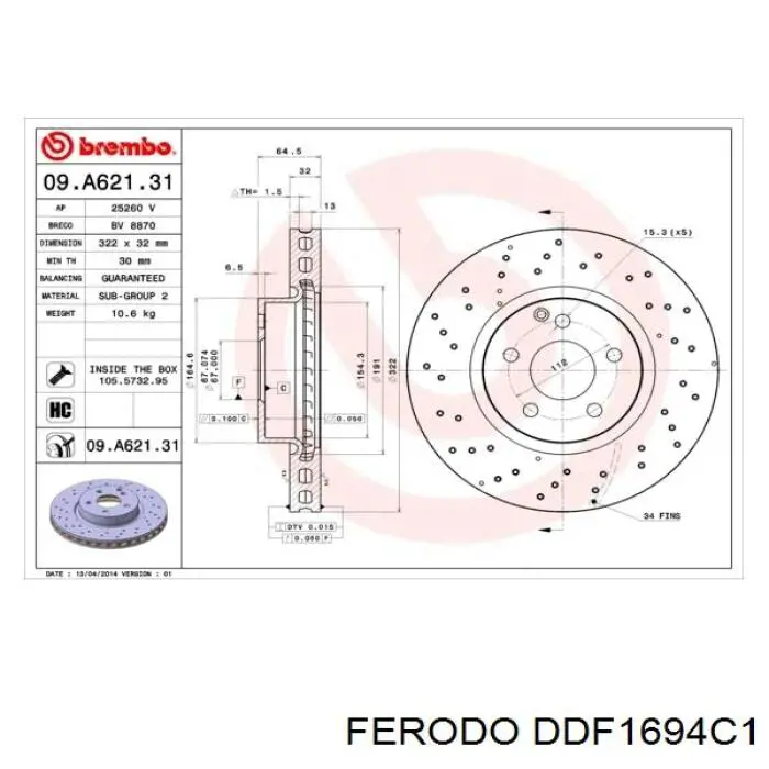 Диск переднього гальма Ferodo DDF1694C1 ціна, від 83.31 USD
