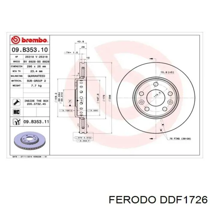 Диск переднього гальма Ferodo DDF1726 ціна, від 50.66 USD