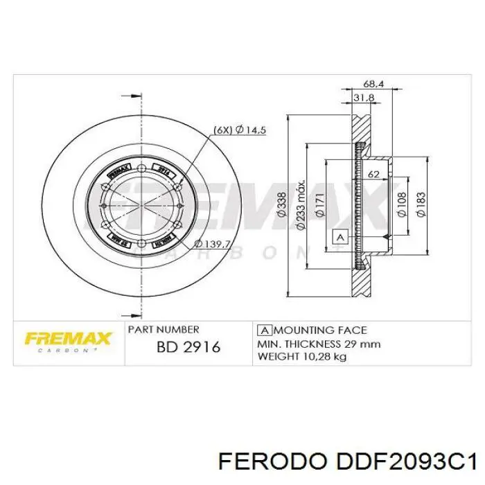 Диск переднього гальма Ferodo DDF2093C1 ціна, від 95.53 USD