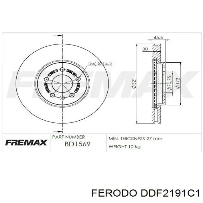 Диск гальмівний передній DDF2191C1 Ferodo