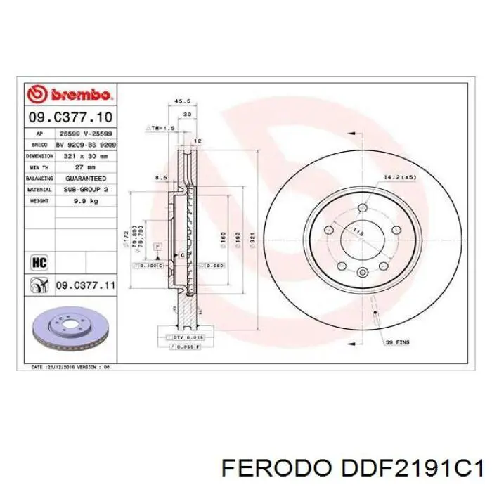 Диск переднього гальма Ferodo DDF2191C1 ціна, від 73.47 USD