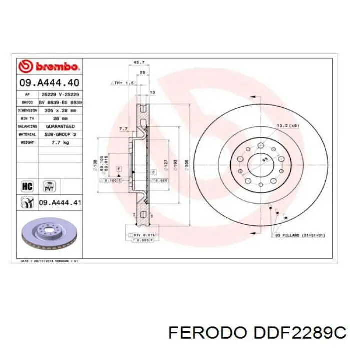 Диск переднього гальма Ferodo DDF2289C ціна, від 57.04 USD