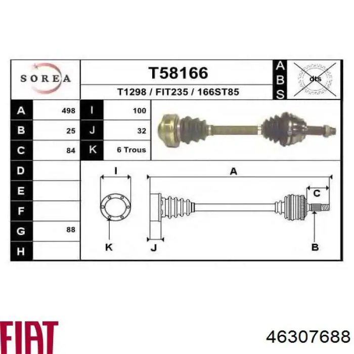 Піввісь (привід) передня, права 46307688 Fiat/Alfa/Lancia