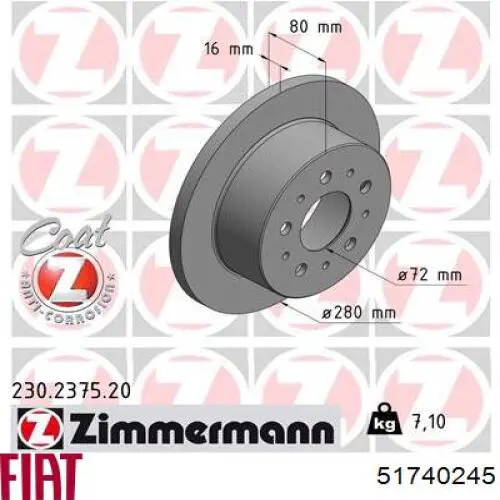 Задні дискові гальма Fiat/Alfa/Lancia 51740245 ціна, від 54.53 USD