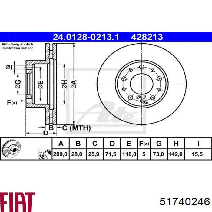 Диск переднього гальма Fiat/Alfa/Lancia 51740246 ціна, від 46.77 USD