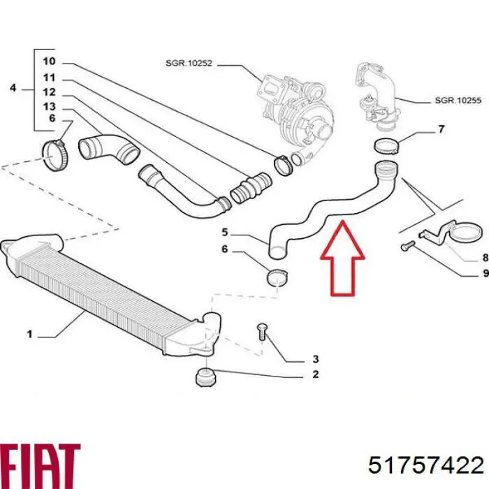 Шланг/патрубок інтеркулера, лівий 51757422 Fiat/Alfa/Lancia