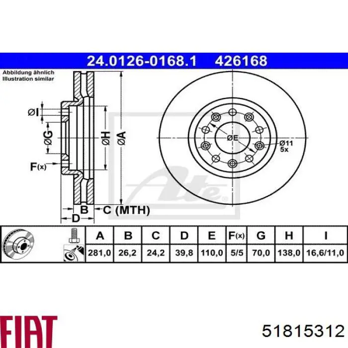 Диск переднього гальма Fiat/Alfa/Lancia 51815312 ціна, від 53.94 USD