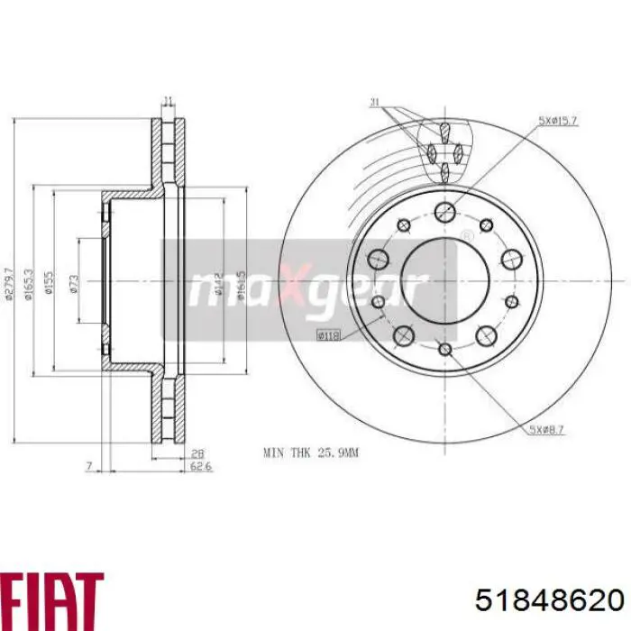 Диск переднього гальма Fiat/Alfa/Lancia 51848620 ціна, від 42.89 USD